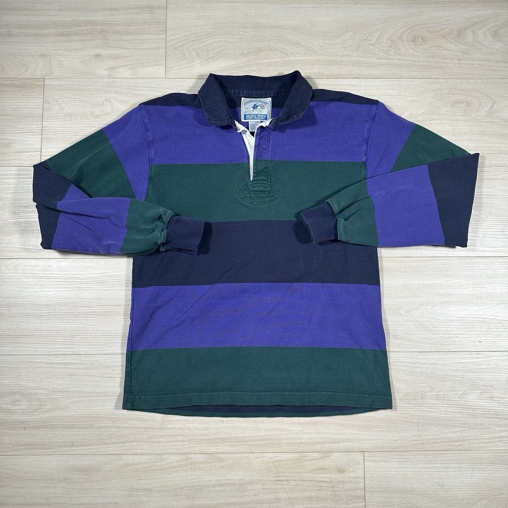 Vintage Lands End Rugby Shirt Mens Medium Blue Purple Striped Long Sleeve 90s